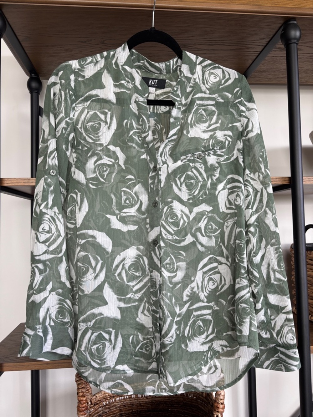 Kut from the Kloth Olive and White Rose Print Shirt